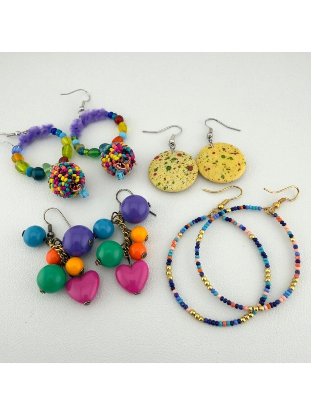 Lot 4 Pairs Colorful Rainbow Beaded Earrings Hoop Heart Dangle Boho Festival